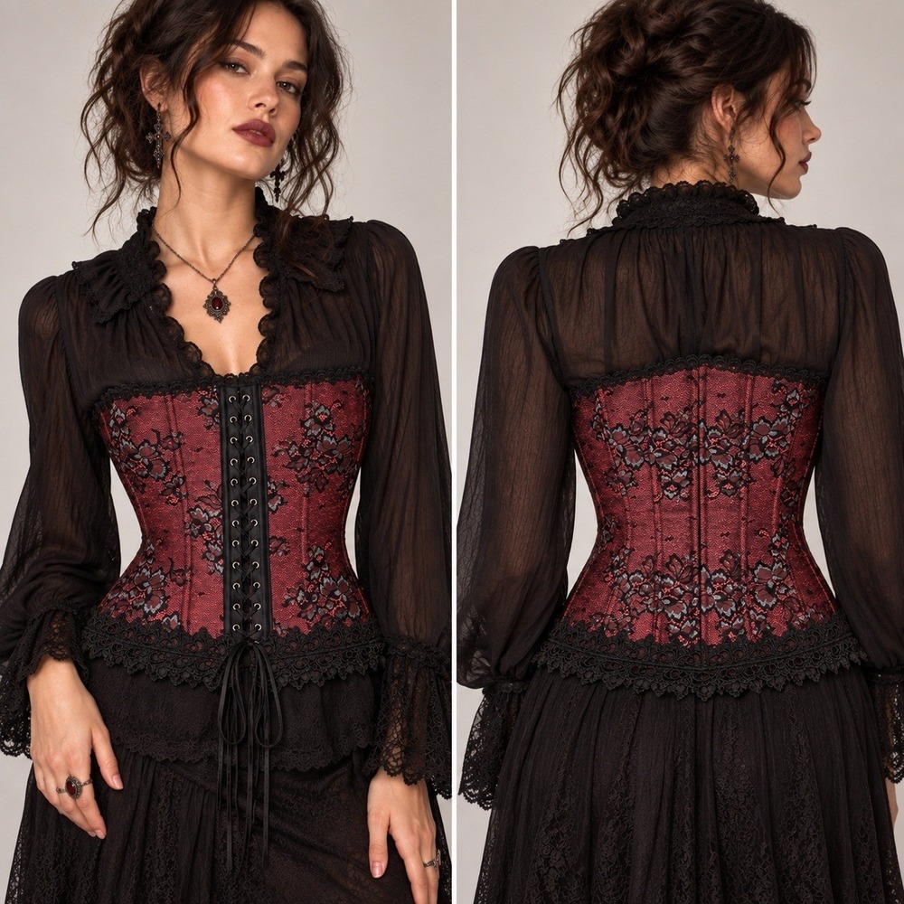 Women Corset Lace Up Bustier Whimsigoth Vampire Size 36 Red Black